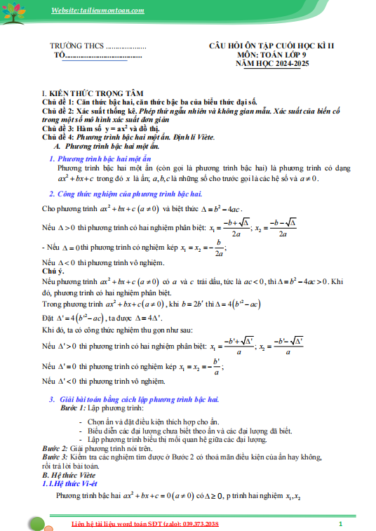 Đề cương học kì 2 toán lớp 9 cánh diều năm 2025